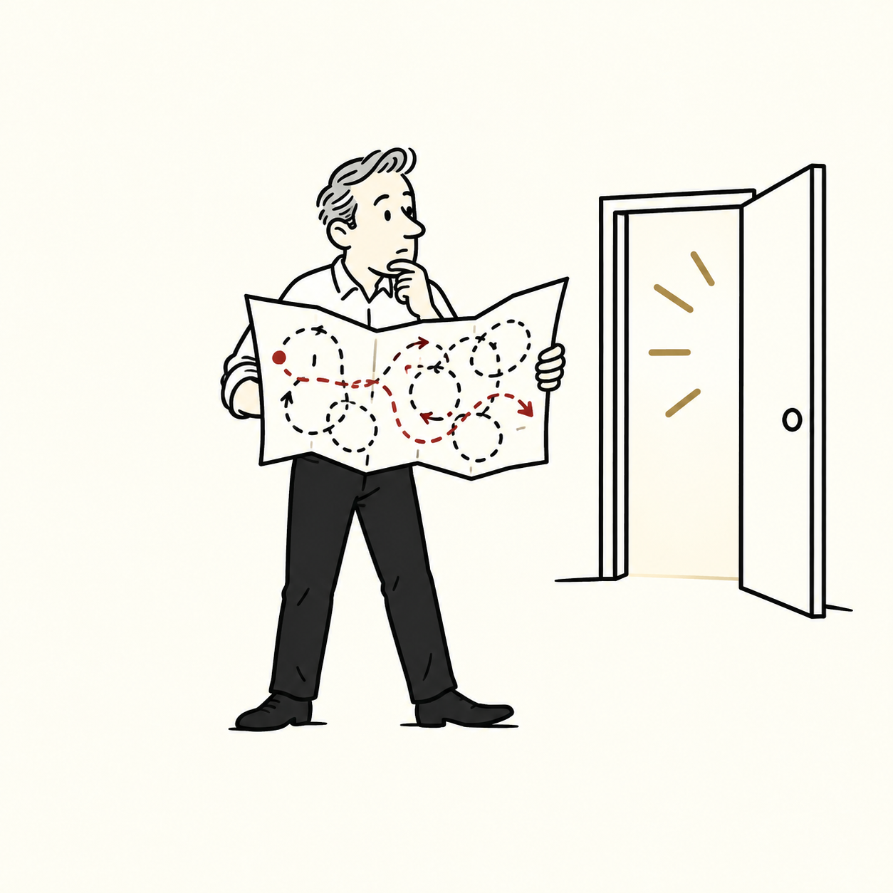 The Overthinker studying a complicated map beside an open door